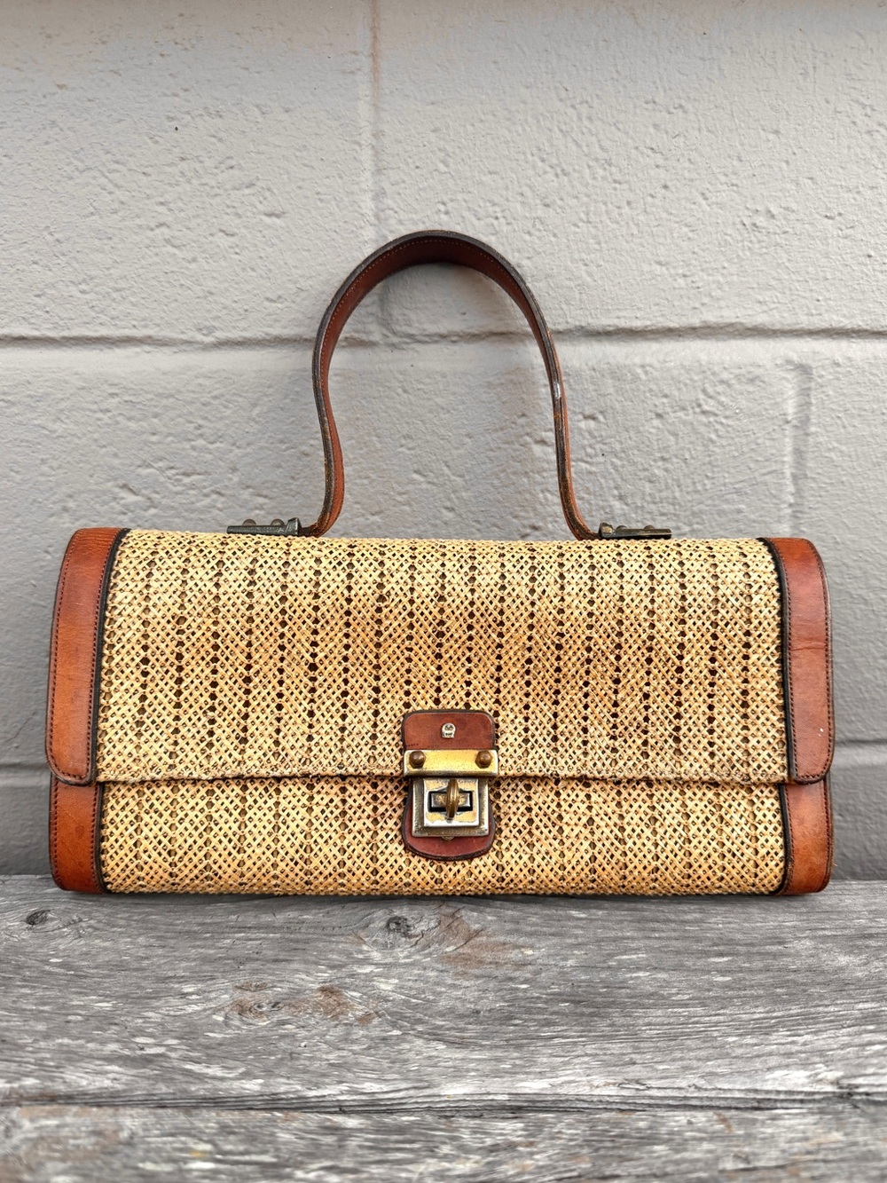 Vintage Etienne Aigner Woven Straw Top-Handle Bag Brown Leather - 1960s